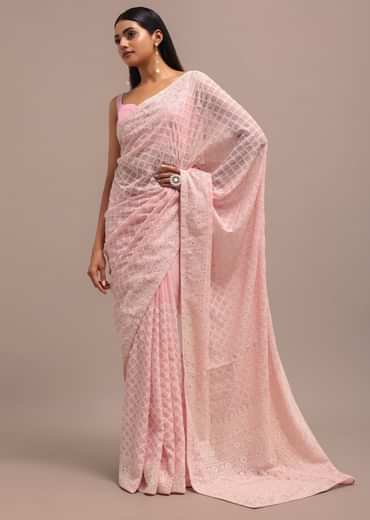 Light Pink Georgette Chikankari Jaal Work Saree With Unstitched Blouse