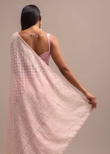 Light Pink Georgette Chikankari Jaal Work Saree With Unstitched Blouse