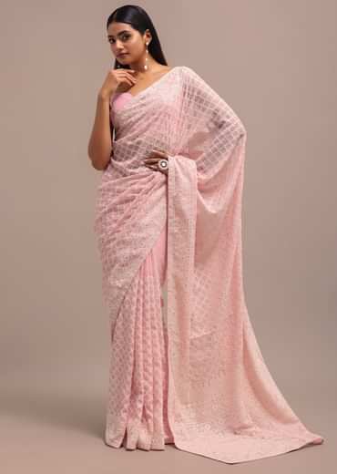 Light Pink Georgette Chikankari Jaal Work Saree With Unstitched Blouse