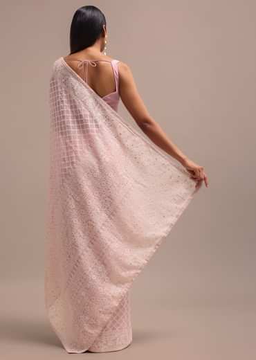 Light Pink Georgette Chikankari Jaal Work Saree With Unstitched Blouse