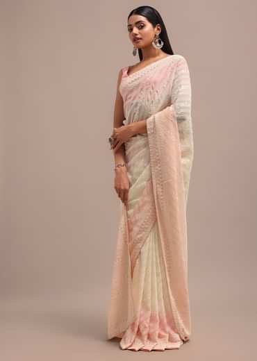 Peach Ombre Chikankari Saree With Unstitched Blouse