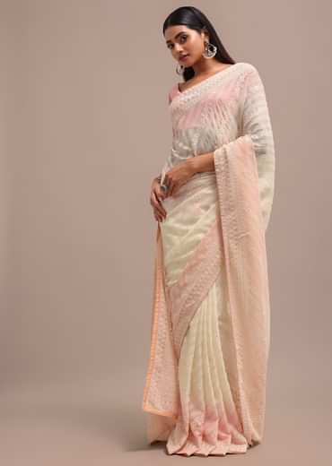Peach Ombre Chikankari Saree With Unstitched Blouse