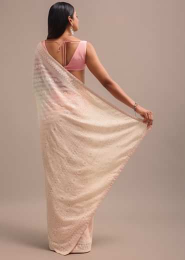 Peach Ombre Chikankari Saree With Unstitched Blouse