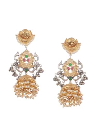 Gold And White Oxidised Tribal Design Jhumkas In Mix Metal