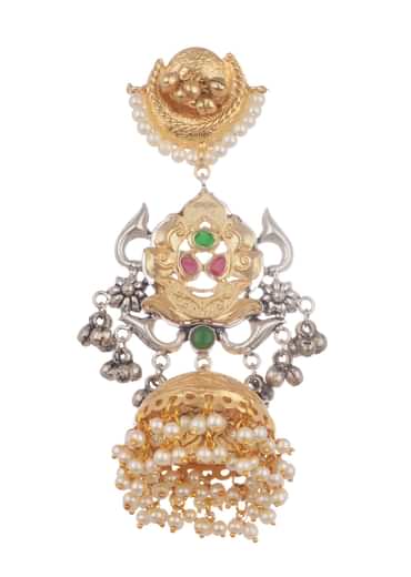Gold And White Oxidised Tribal Design Jhumkas In Mix Metal