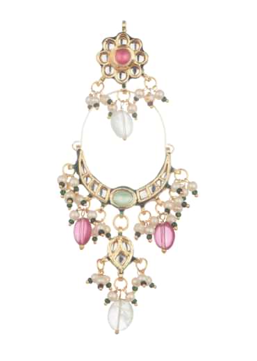 Red And Green Kundan Chandbali Earrings In Mix Metal