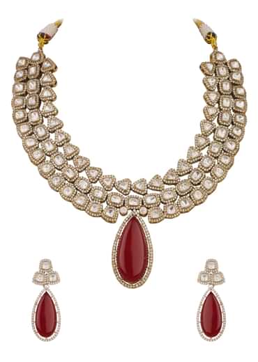 Red And Gold Mix Metal Kundan Victorian Necklace Set