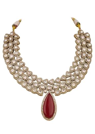 Red And Gold Mix Metal Kundan Victorian Necklace Set