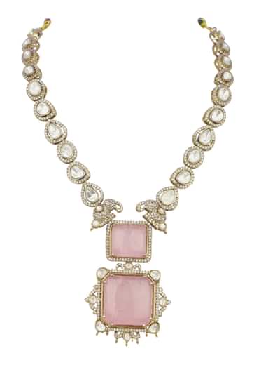 Pink And Gold Kundan Necklace Set In Mix Metal