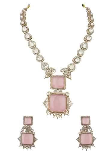 Pink And Gold Kundan Necklace Set In Mix Metal