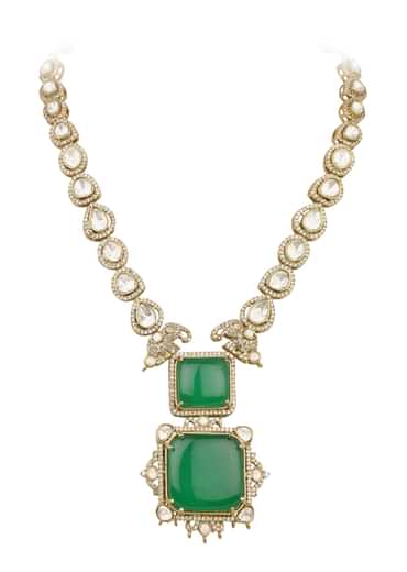 Green And Gold Kundan Necklace Set In Mix Metal