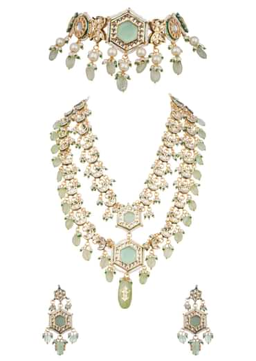 Gold And Mint Green Kundan Jewellery Necklace Set In Mix Metal