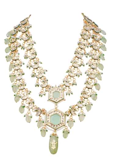Gold And Mint Green Kundan Jewellery Necklace Set In Mix Metal