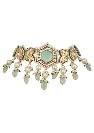 Gold And Mint Green Kundan Jewellery Necklace Set In Mix Metal