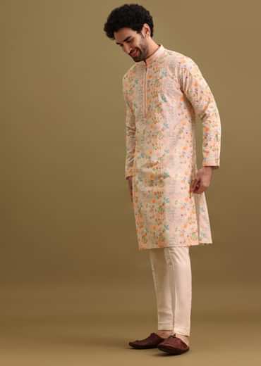 Peach Printed Silk Kurta Set For Men