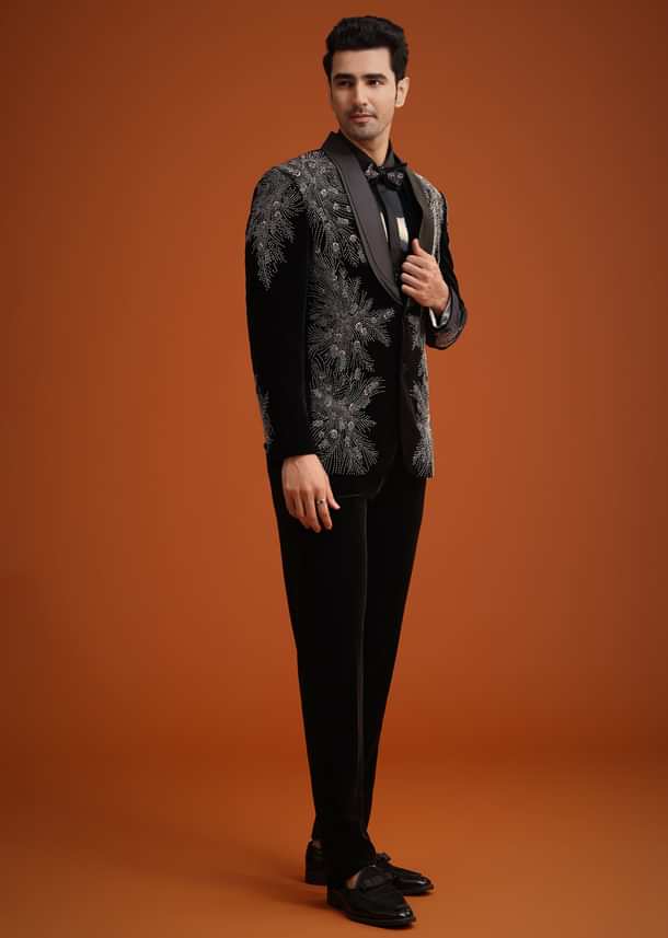 Black Micro Velvet Cutdana Embellished Tuxedo Set Black Micro Velvet Cutdana Embellished Tuxedo Set