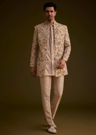 Gold Silk Indowestern Suit With Floral Zardosi Embroidery