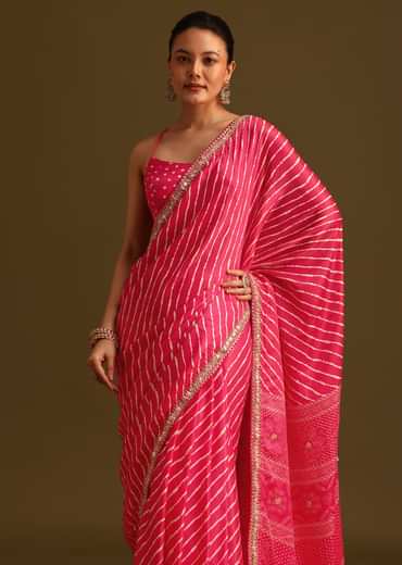 Hot Pink Lehariya Saree In Gota Patti Work With Unstitched Blouse