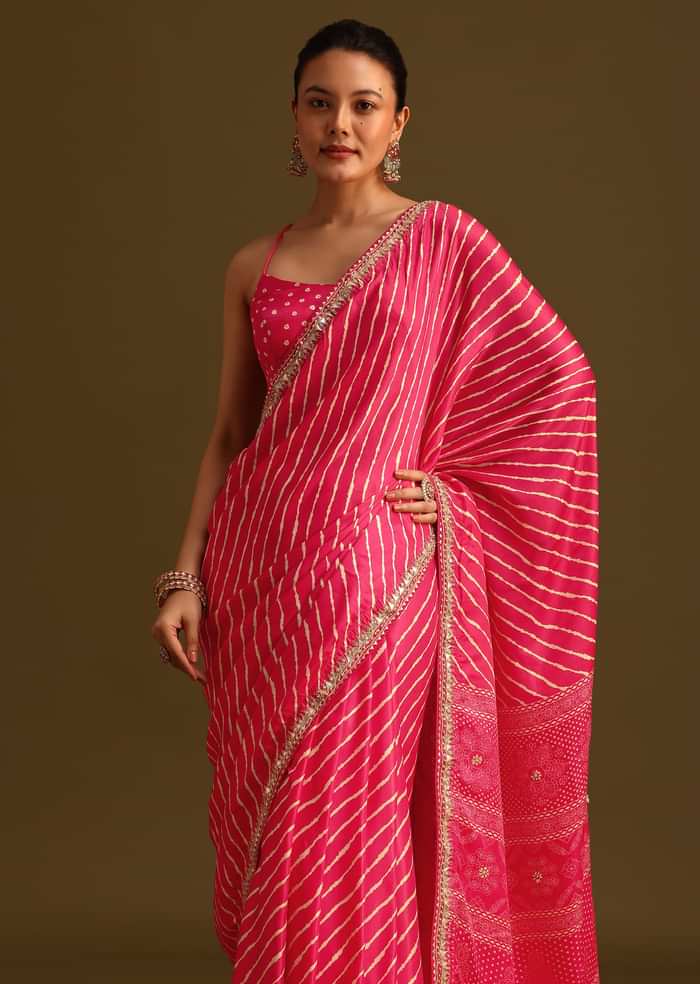 Hot Pink Lehariya Saree In Gota Patti Work With Unstitched Blouse