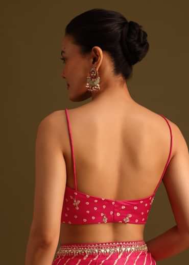 Hot Pink Lehariya Saree In Gota Patti Work With Unstitched Blouse