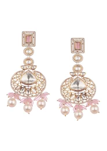 Gold And Pink Kundan Dangler Earrings