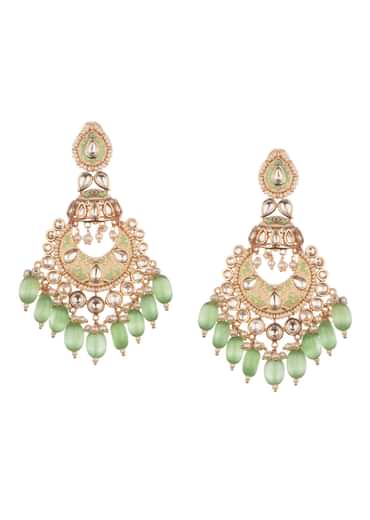 Green And White Kundan Dangler Earrings In Mix Metal