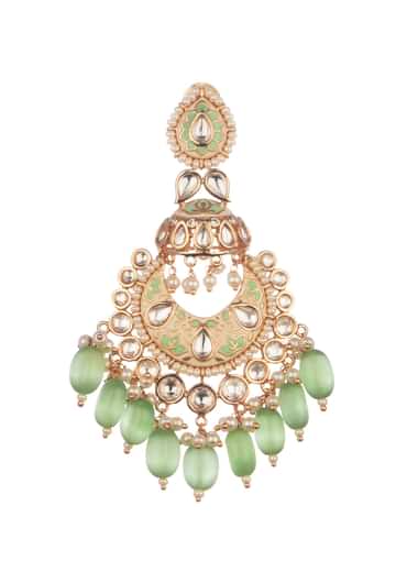 Green And White Kundan Dangler Earrings In Mix Metal