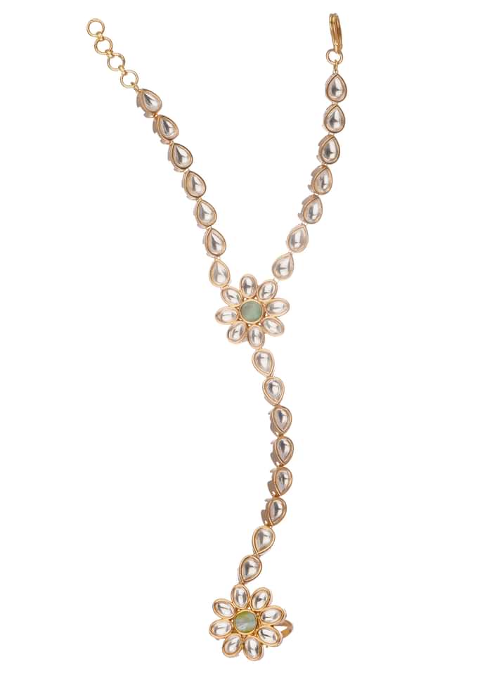 Gold And Mint Green Kundan Hand Harness In Mix Metal