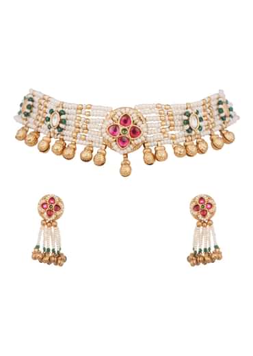 Gold And White Mix Metal Kundan Choker Set