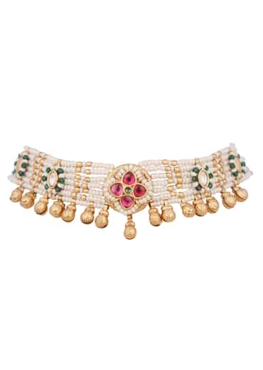 Gold And White Mix Metal Kundan Choker Set
