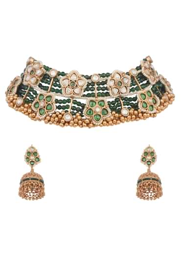 Green And White Temple Jewellery Choker Set In Mix Metal