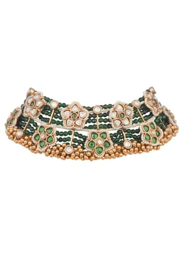 Green And White Temple Jewellery Choker Set In Mix Metal