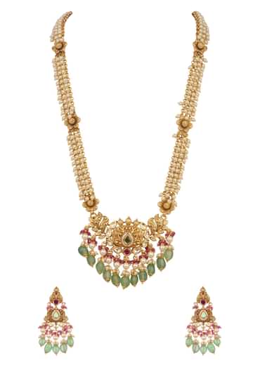 White And Green Temple Necklace Set In Mix Metal