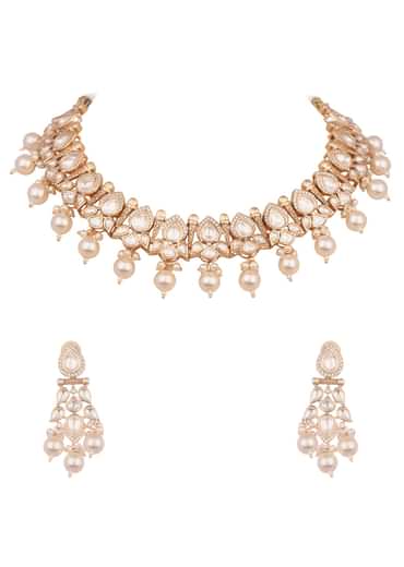 Gold And White Kundan Necklace In Mix Metal