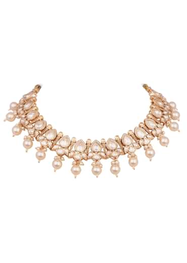 Gold And White Kundan Necklace In Mix Metal