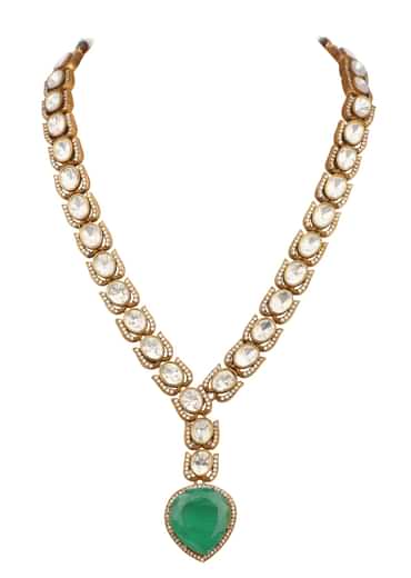 Green And Gold Kundan Long Necklace Set In Mix Metal