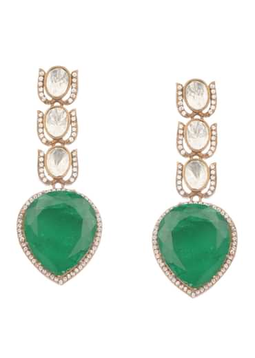 Green And Gold Kundan Long Necklace Set In Mix Metal