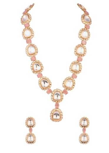 Gold And White Mix Metal Kundan Long Necklace Set