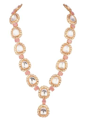Gold And White Mix Metal Kundan Long Necklace Set