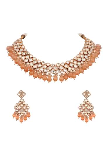 Orange And Gold Kundan Choker Set In Mix Metal