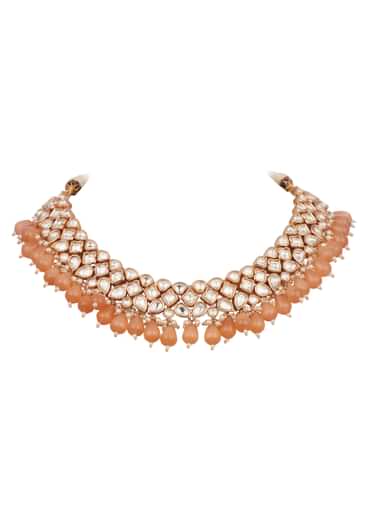 Orange And Gold Kundan Choker Set In Mix Metal
