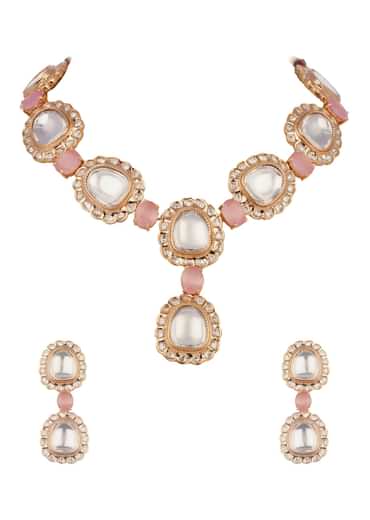 Gold And White Mix Metal Kundan Necklace Set