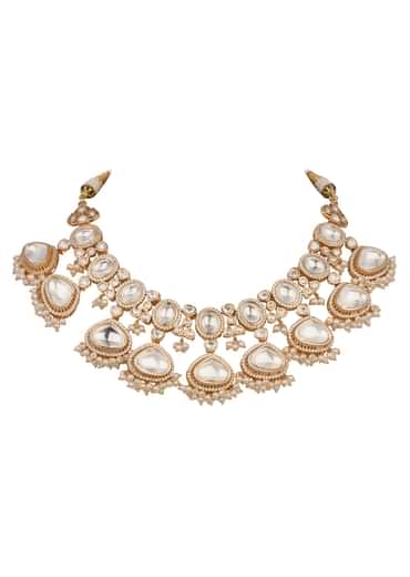 Gold And White Mix Metal Kundan Choker Necklace Set