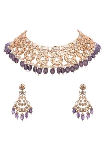 Purple And Gold Mix Metal Kundan Choker Set