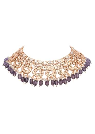 Purple And Gold Mix Metal Kundan Choker Set