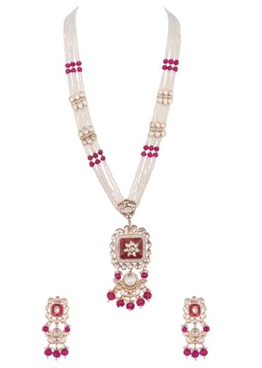 Red And White Mix Metal Kundan Necklace Set