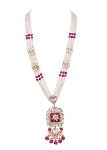 Red And White Mix Metal Kundan Necklace Set
