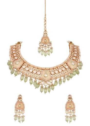 Mint Green And Gold Kundan Necklace Set In Mix Metal