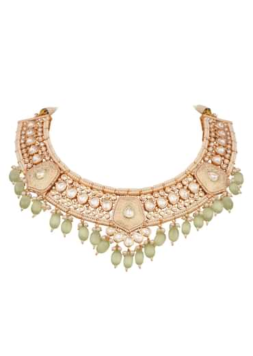 Mint Green And Gold Kundan Necklace Set In Mix Metal
