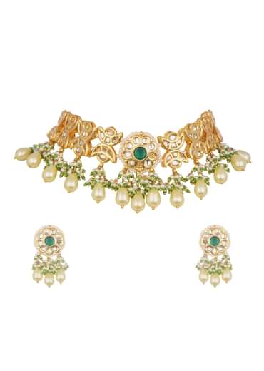 Green And Gold Kundan Short Necklace Set With Earrings